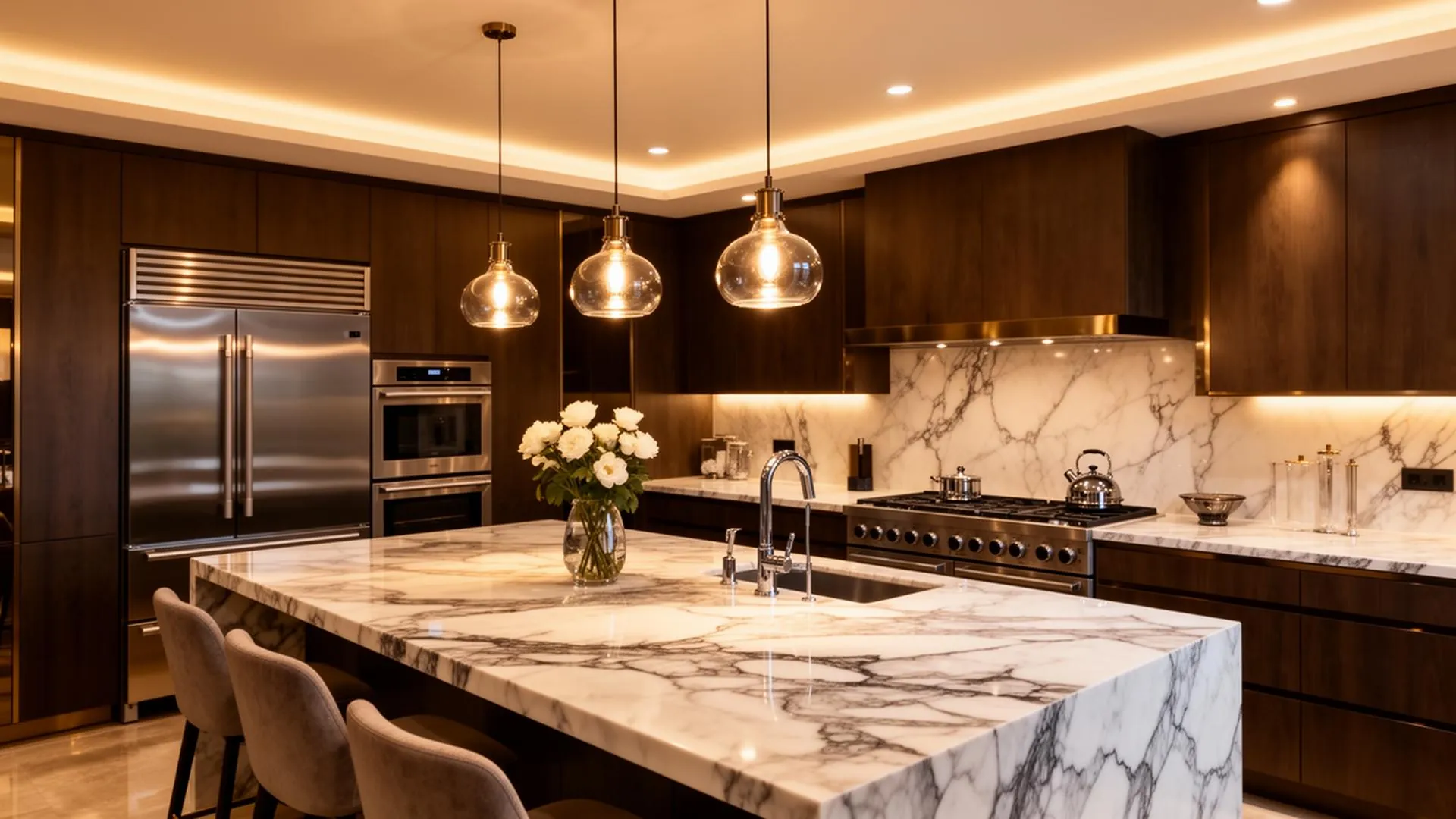 Luxury kitchen interior with marble countertops
